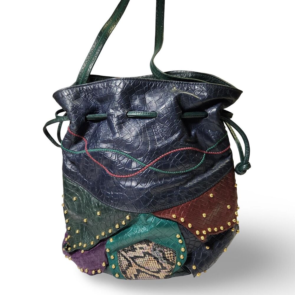 VTG Samir Leather Patchwork Purse Drawstring Bucket Bag Green Blue Brass Studs